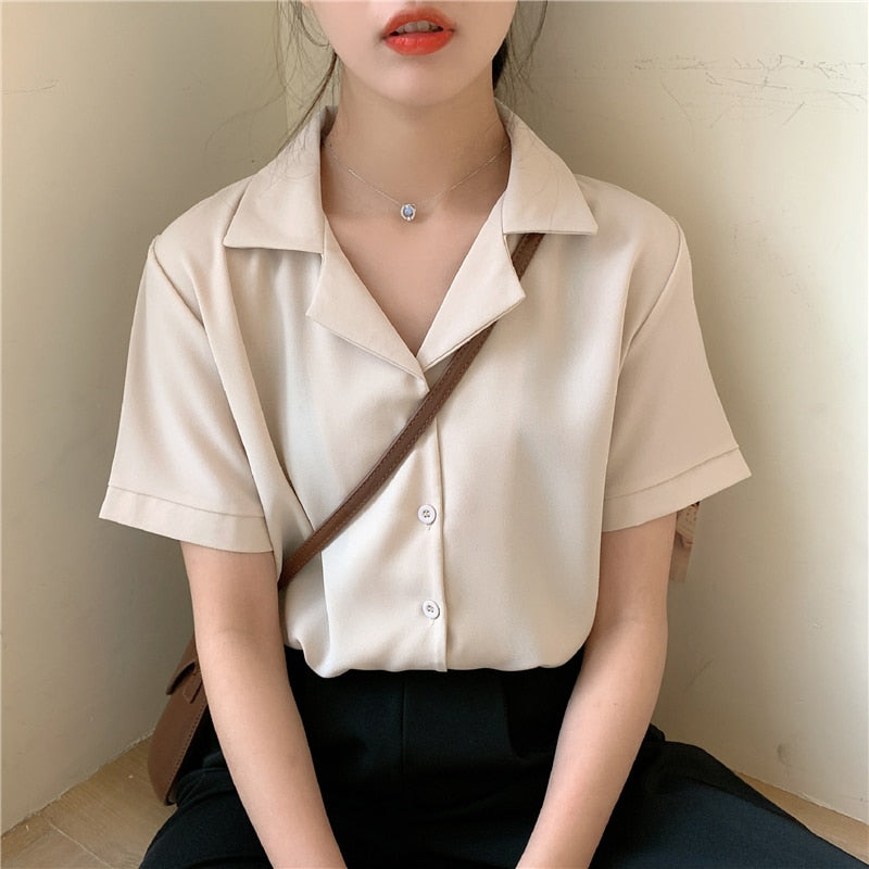 Women Chiffon Blouse Summer Shirt Short Sleeve Tops V Neck