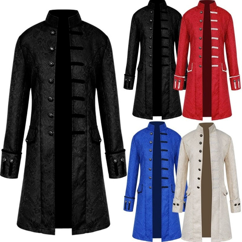 Classic Medieval Men Costume Jacquard Stand Collar Larp Viking Cosplay Jacket Coat Victorian Renaissance Style