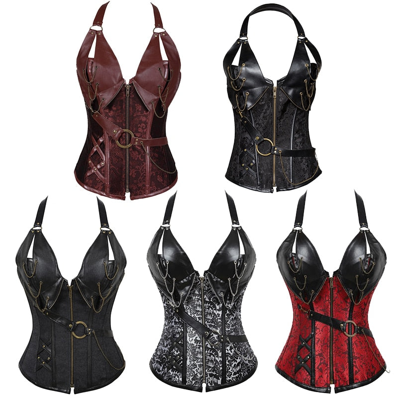Women bustier corset New court brown 4 steel punk leather corset with belt neck shaper