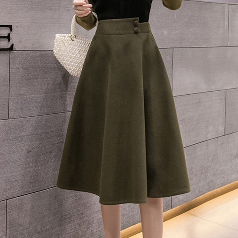 Skirt High Waist Two Button Solid Elegant Mid Woolen Skirts