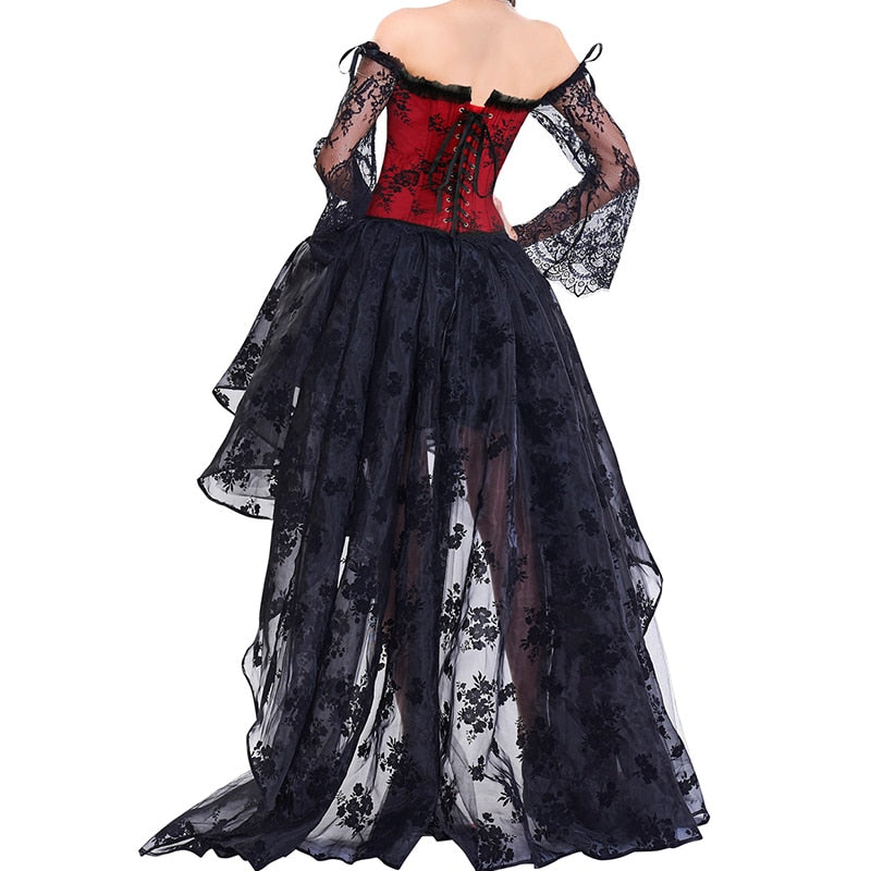 Steampunk Corset Dress Bustier Gothic Corselet Corsets Women Lace Off Shoulder Floral Long Dresses Top Skirts Set