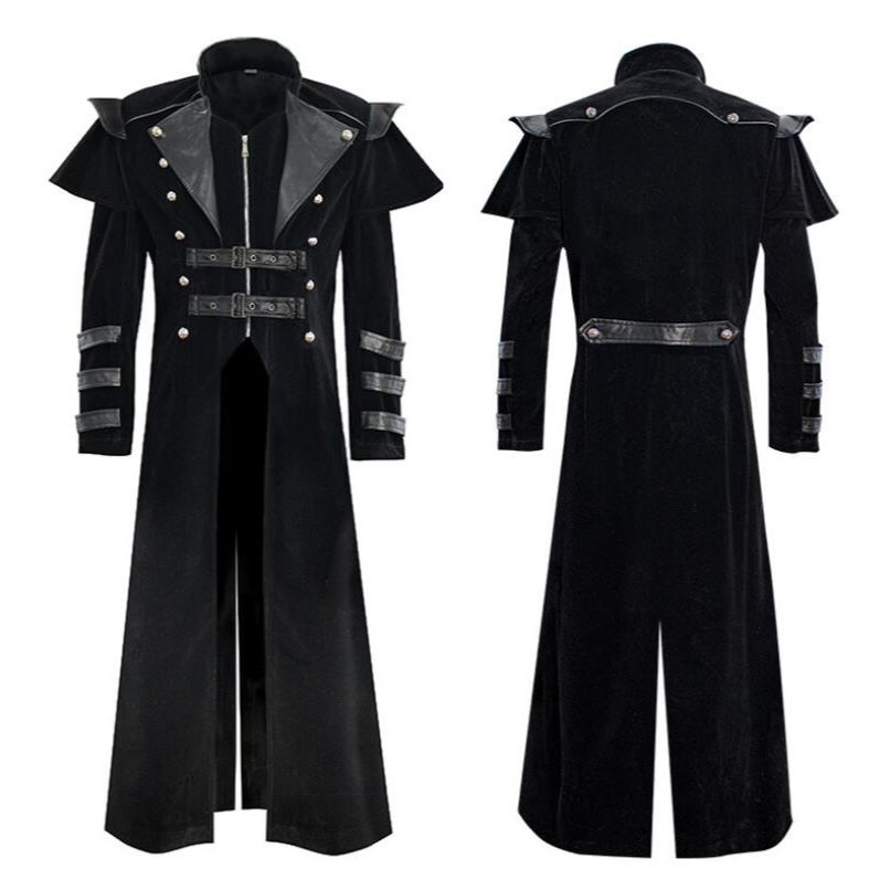 Men Medieval Steampunk Assassin Cosplay Costume Victorian Monk Gothic Black Long Coat Vintage Pirate Velet Overcoat