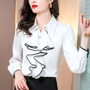 Women Elegant TuxedoTops Flounce Frill Blouses Satin Silk Long Sleeve Formal Business Office Lady Work Wear Shirt