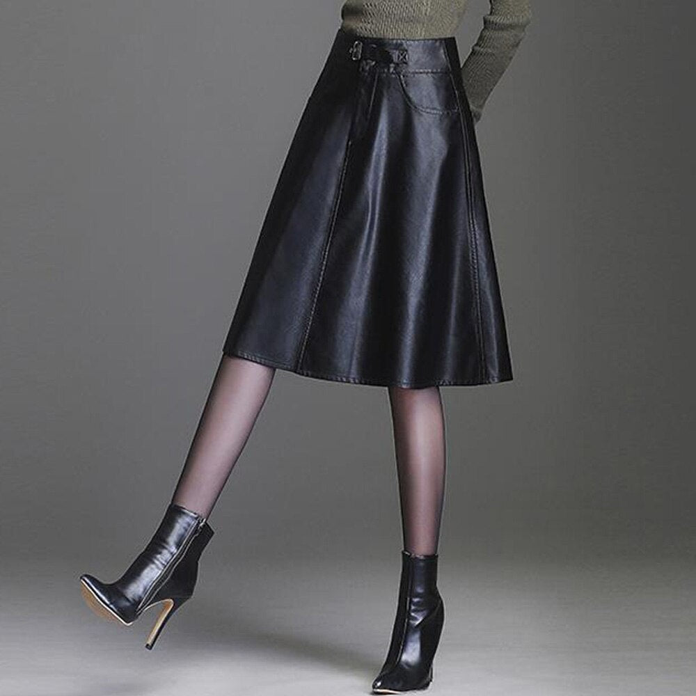 Leather Skirt Black High Waist Long Midi A-Line Skirt Saias Mulher