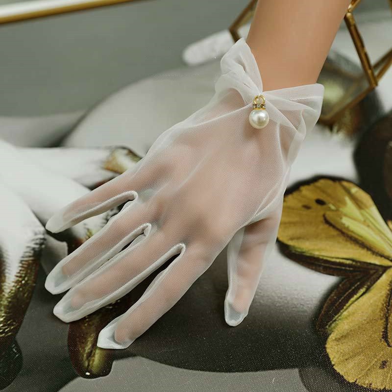 White Bride Dress Gloves Mesh Bow Pearl Short Lace Women Bridal Gloves