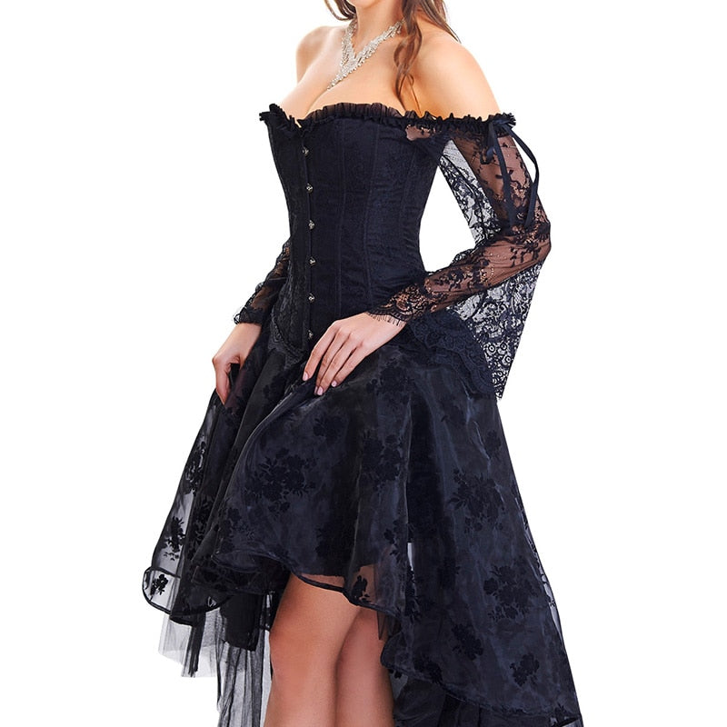 Steampunk Corset Dress Bustier Gothic Corselet Corsets Women Lace Off Shoulder Floral Long Dresses Top Skirts Set