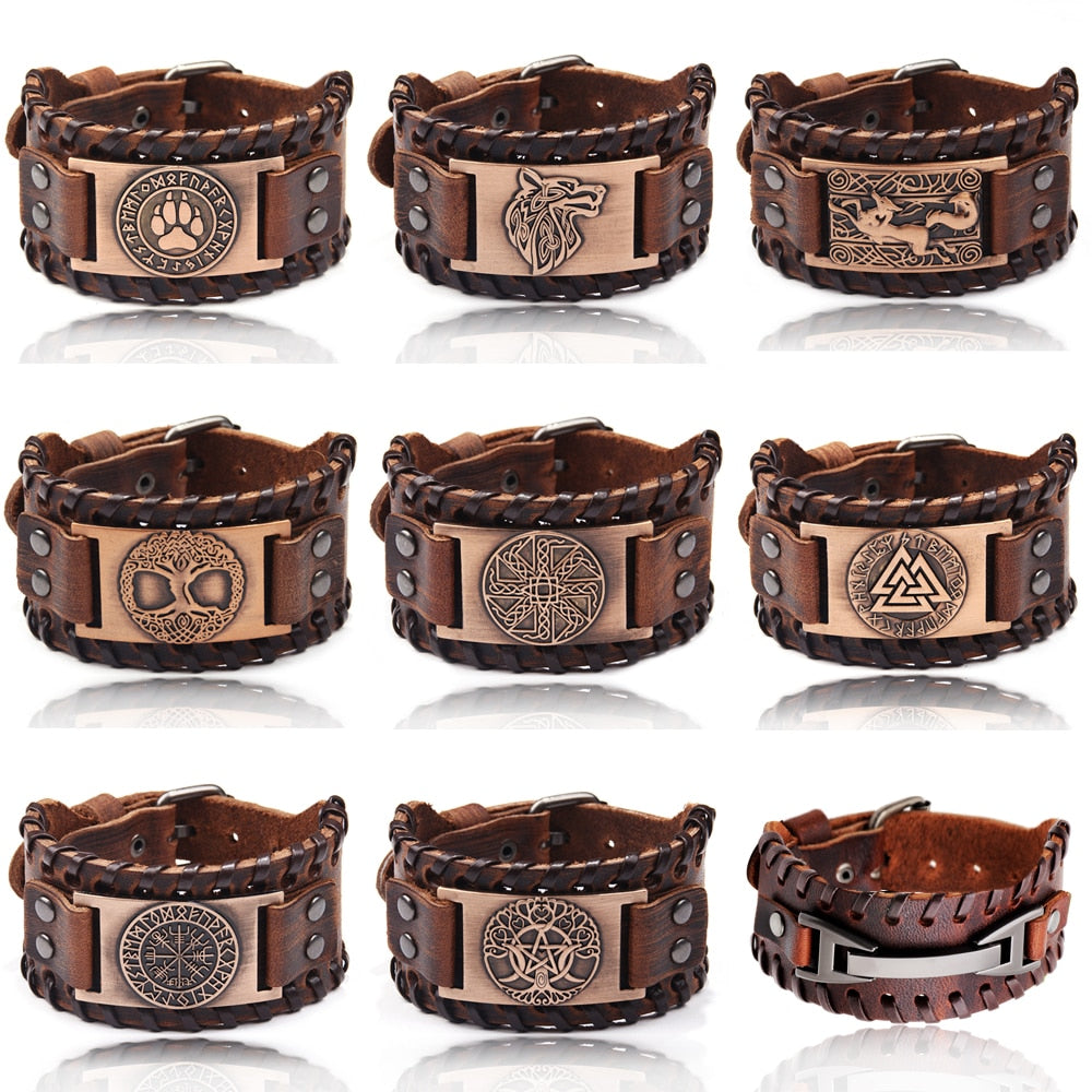 Charm Wide Leather Bracelet Men Punk Braided Rope Alloy Cuff Bangle Male Wristband Viking Bracelet Mens Jewelry