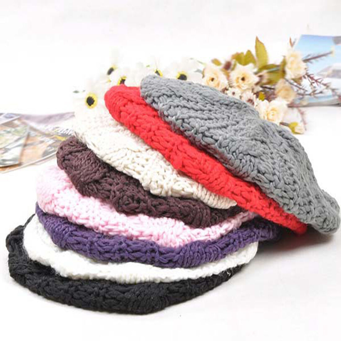 Women Lady Beret Braided Baggy Knit Crochet Beanie Hat Ski Cap Winter Warm Cap