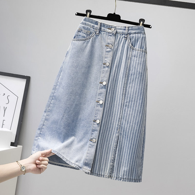 Loose Denim Skirt Women summer Medium Long Split High waist Jeans Patchwork female Streetwear skirts