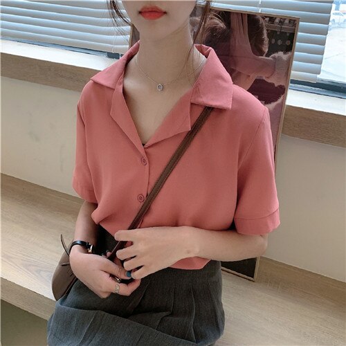 Women Chiffon Blouse Summer Shirt Short Sleeve Tops V Neck