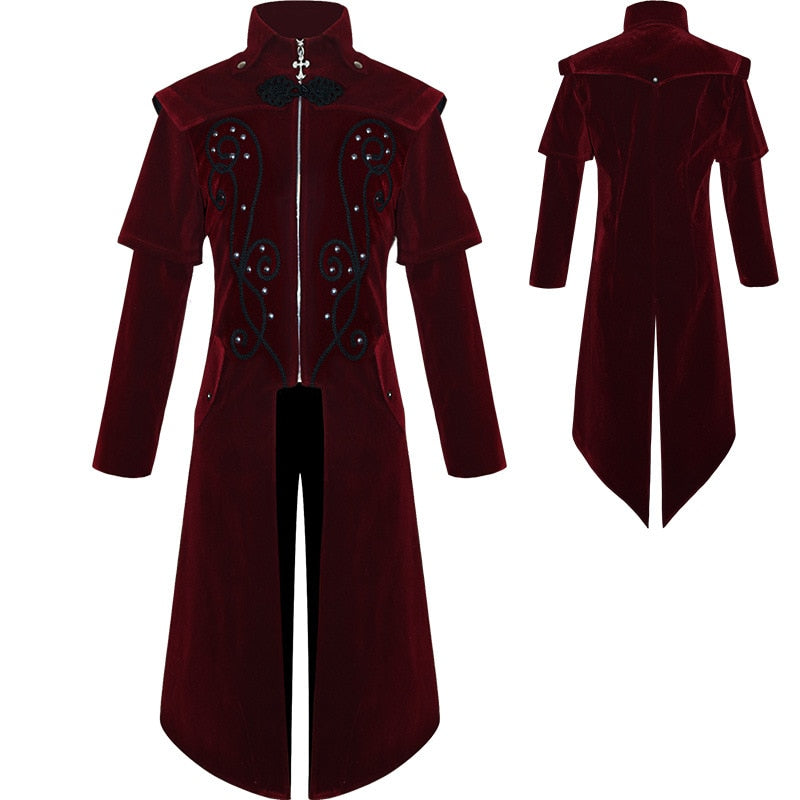 Men Medieval Steampunk Castle Vampire Devil Red Coat Cosplay Costume Middle Ages Victorian Nobles Tuxedo Suit Trench coat