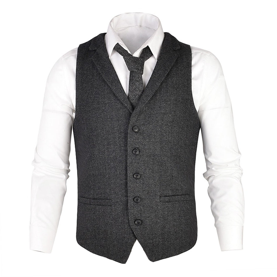 Waistcoat Herringbone Tweed Wool Blend Suit Vest Tailored Collar Dress Vests