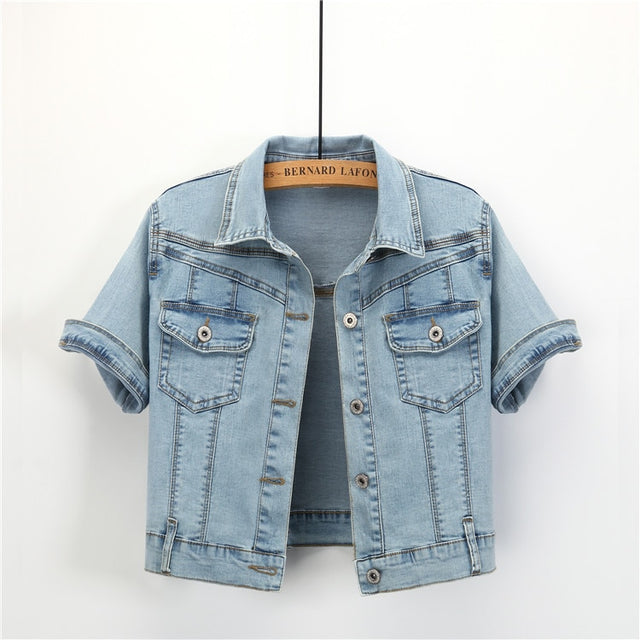 Short Sleeve Jean Jacket Woman Elastic Comfortable Denim Coat Chaqueta Vaquera Mujer Veste Jeans