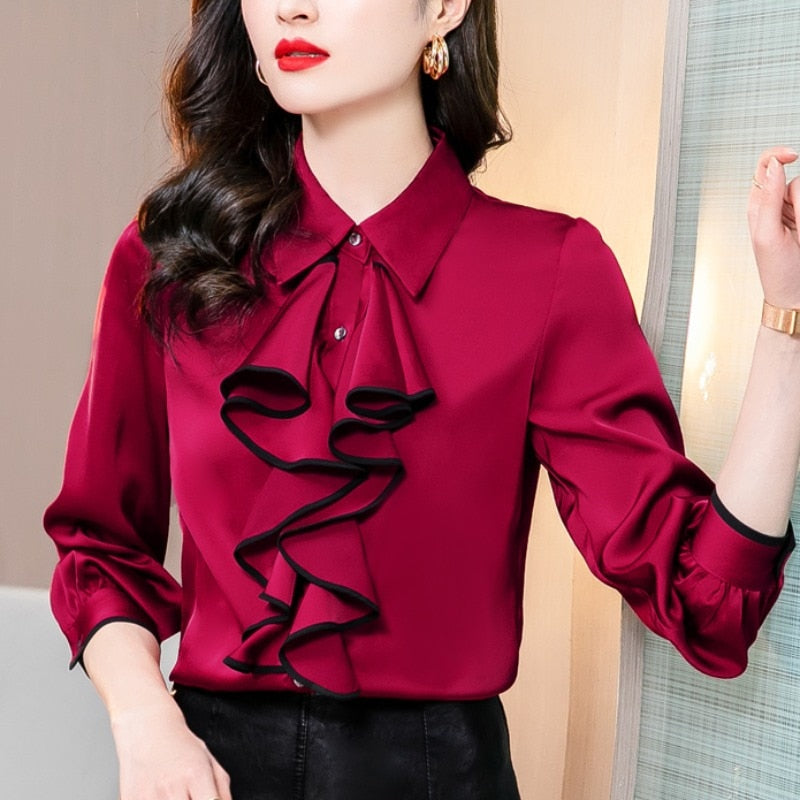 Women Elegant TuxedoTops Flounce Frill Blouses Satin Silk Long Sleeve Formal Business Office Lady Work Wear Shirt