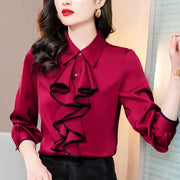 Women Elegant TuxedoTops Flounce Frill Blouses Satin Silk Long Sleeve Formal Business Office Lady Work Wear Shirt