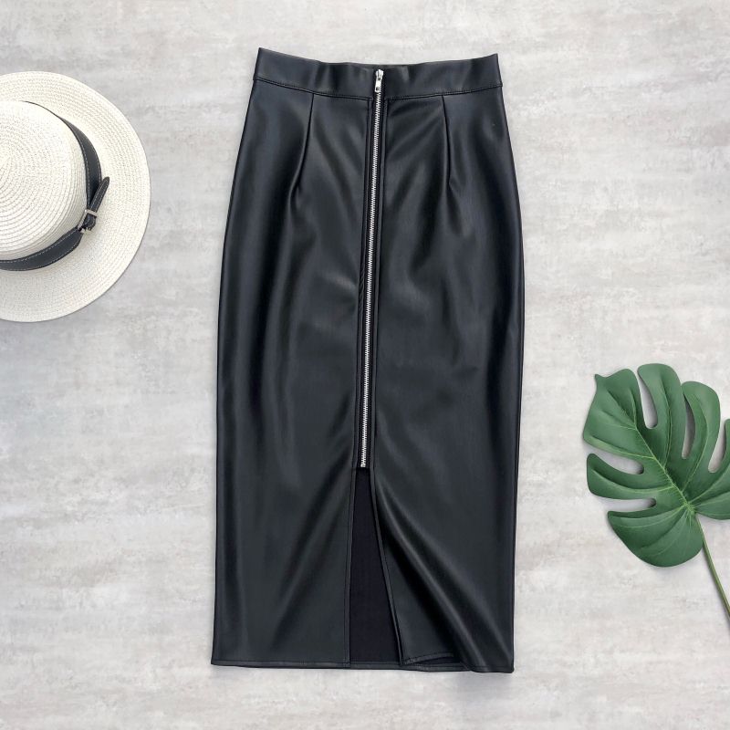 Vintage Zipper High Waist Latex Pencil Skirts Women Wrap  Midi Split Skirt Bodycon