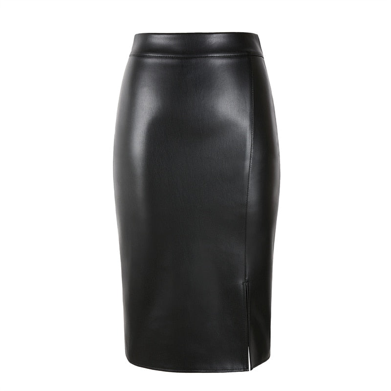 Black Front Split PU Leather Pencil Skirt Bodycon Fashion Elegant Knee Length Skirt
