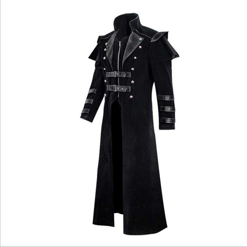 Men Medieval Steampunk Assassin Cosplay Costume Victorian Monk Gothic Black Long Coat Vintage Pirate Velet Overcoat