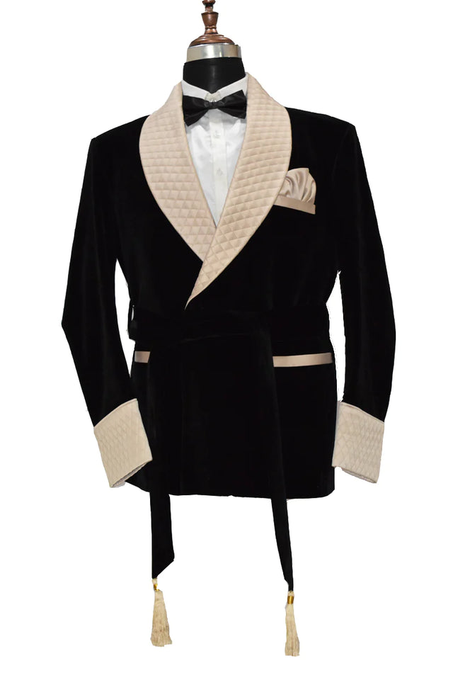 Men's Black Smoking Jackets Luxury Stylish Gold Quilted Blazer