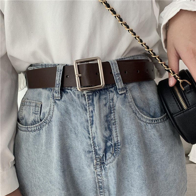 Women Square Buckle Pin Buckle Jeans Black Belt Chic Luxury Brand Fancy Vintage Strap