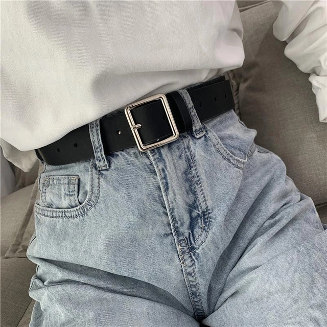 Women Square Buckle Pin Buckle Jeans Black Belt Chic Luxury Brand Fancy Vintage Strap
