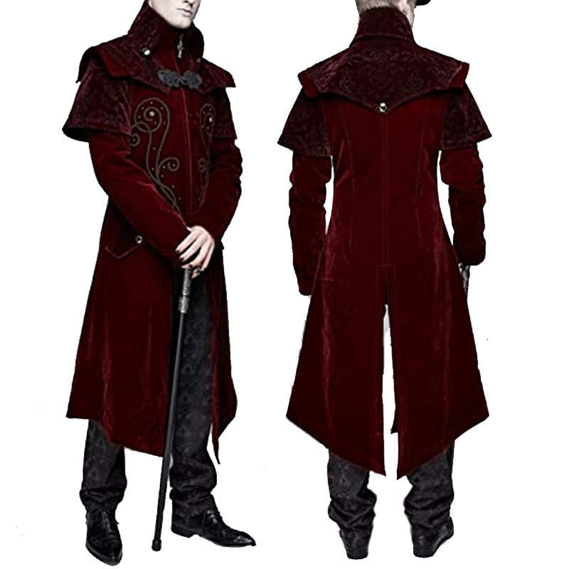 Gothic Carved Black Embroidered Red Velveteen Dovetail Men Coat