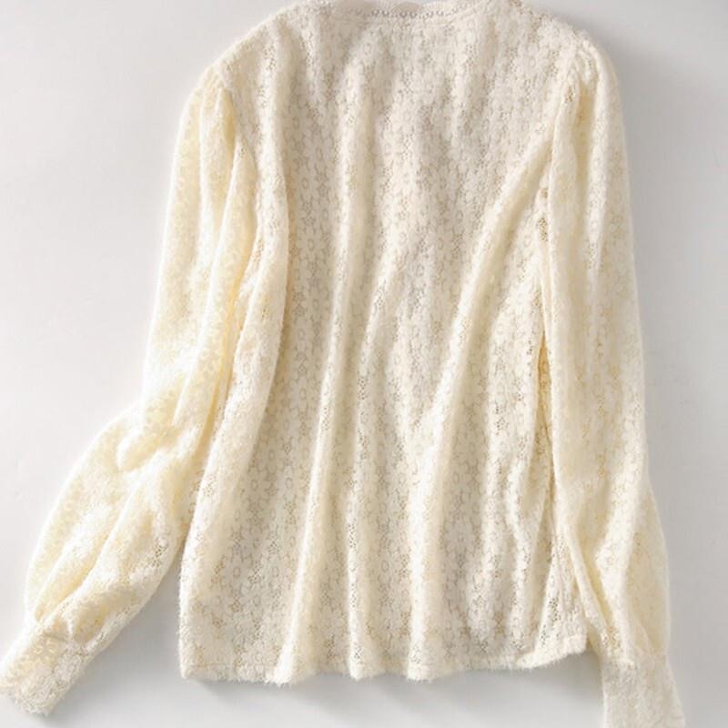 Women Lace Blouses Tops Lady Casual Long Lantern Sleeve Stand Collar Blusas Tops