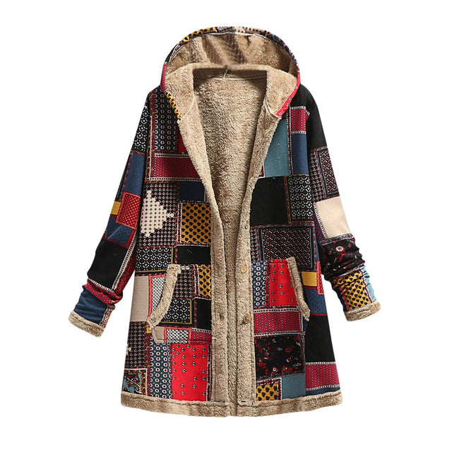 Winter female warm coat print thick fleece hooded long Coat with pocket