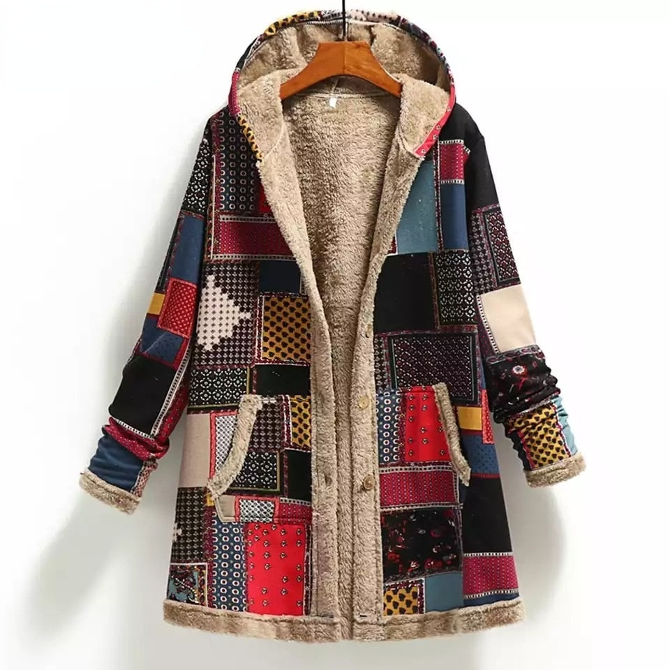 Winter female warm coat print thick fleece hooded long Coat with pocket