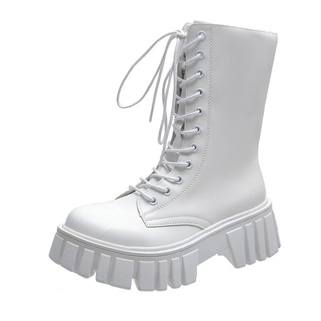 Women's Leather Boots Platform Gothic Shoes Short Punk Motorcycle Combat Boots