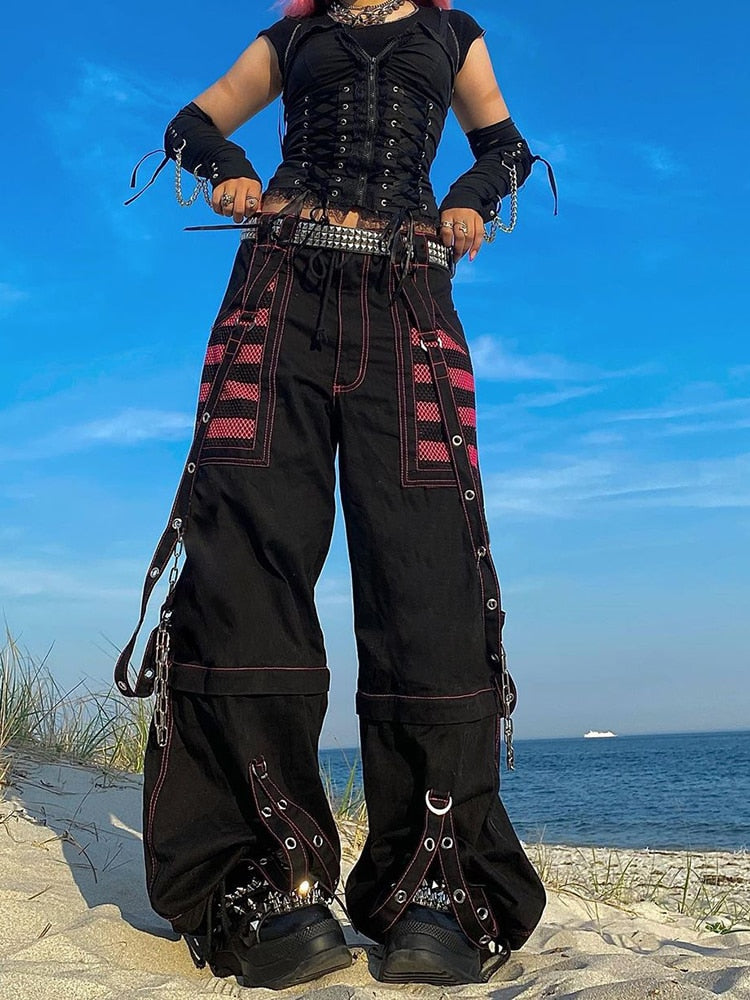 Denim Ribbon Jeans Grunge Hip Hop Zipper Baggy Pants Women Fashion Round  Buckle Cargo Pants Gothic Style Streetwear