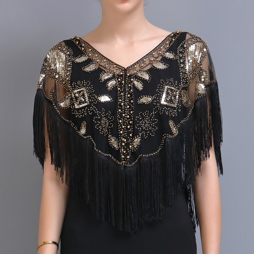 Women 1920s Sequined Shawl with Tassels Beaded Pearl Fringe Sheer Mesh Wraps