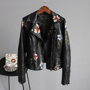 Floral Print Embroidery Faux Soft Leather Jacket Coat  Turn-down Collar Casual Pu Motorcycle Black