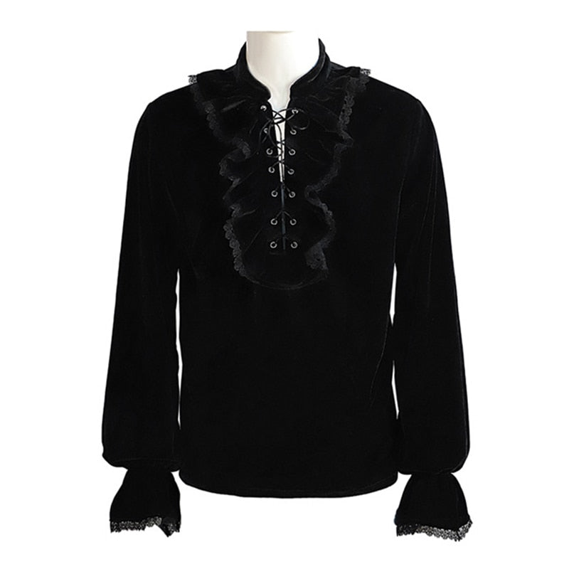 Lace Up Ruffle Stand Collar Long Sleeve Steampunk Victorian Shirt Gothic Vintage