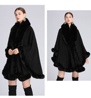 Elegant V Lapel Faux Rex Rabbit Fur Coat Cape Winter Women Big Long Shawl Full Trim Fur Knit Cloak Overcoat Parka