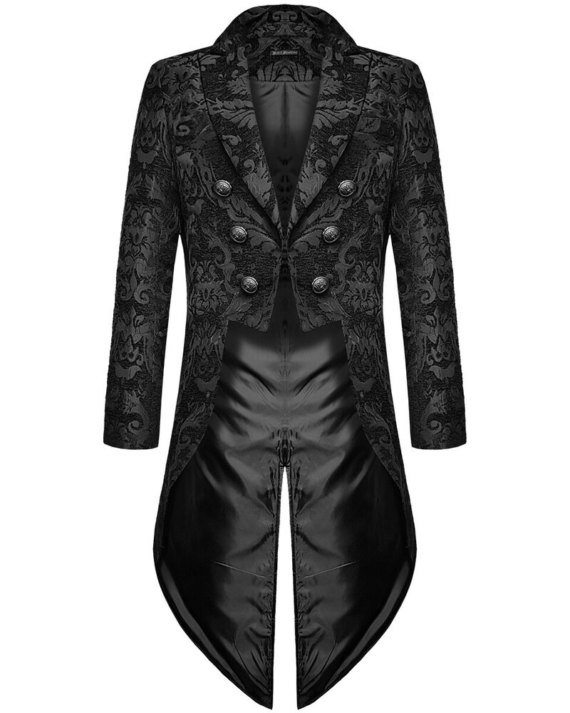 Men's Fashion Black Gothic Steampunk Tailcoat Jacket Brocade Damask Wedding