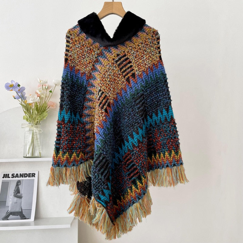 Women New Pullover Cloak Tassel Warm Shawl Imitation Wool Collar Ponchos Capes National Knitted Cloak
