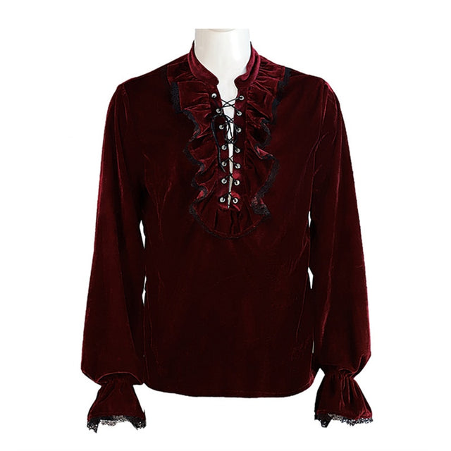 Lace Up Ruffle Stand Collar Long Sleeve Steampunk Victorian Shirt Gothic Vintage