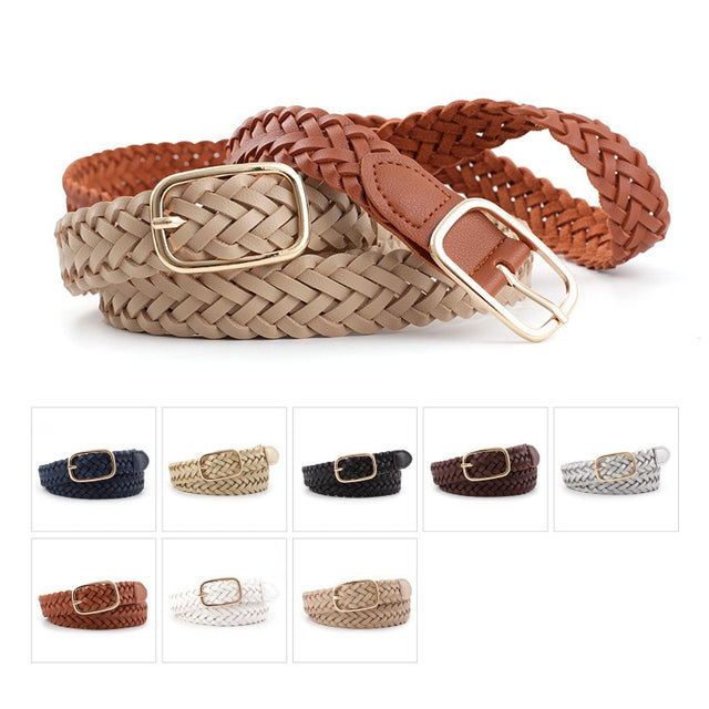 Women PU Leather Braided Belt Golden Square Pin Buckle Belt New Fashion Causal Jeans Dress Waistband 2.3cm Thin Belt