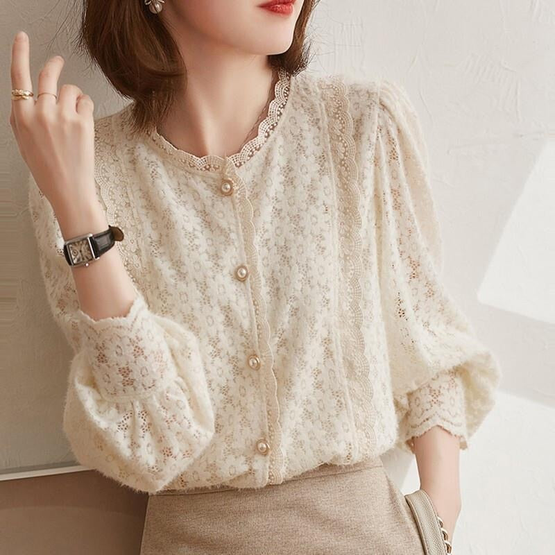 Women Lace Blouses Tops Lady Casual Long Lantern Sleeve Stand Collar Blusas Tops