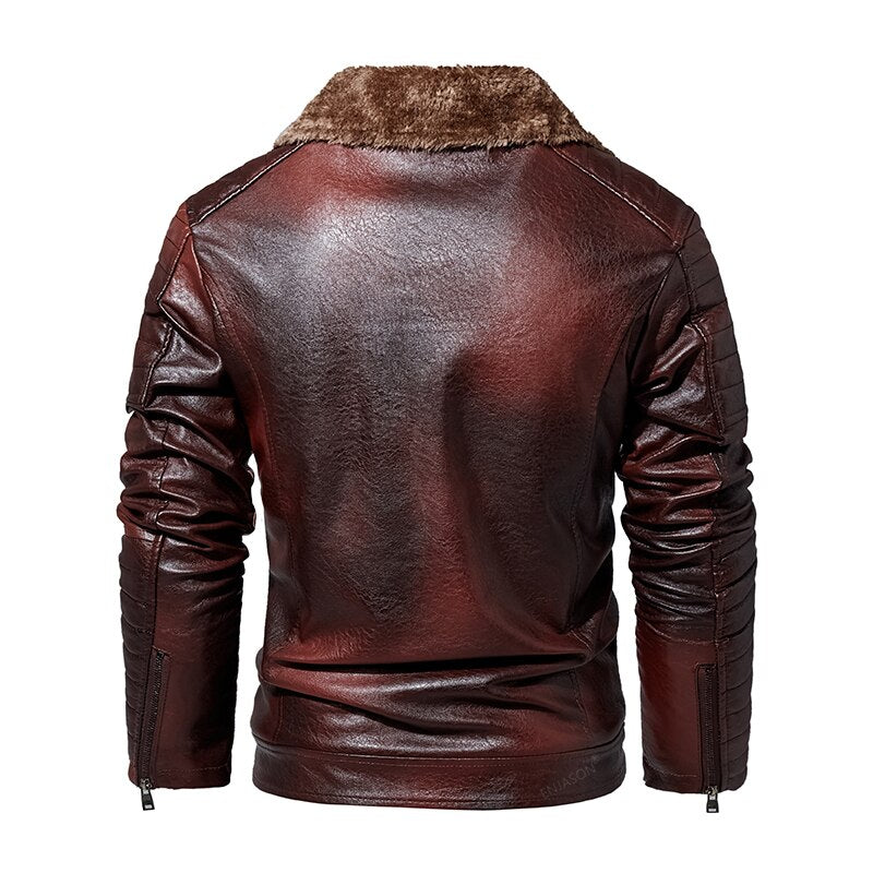 Men Fashion Thick Pu Leather Jacket Male Warm Motorcycle Jacket Faux Fur Collar Windproof Zipper Overcoat