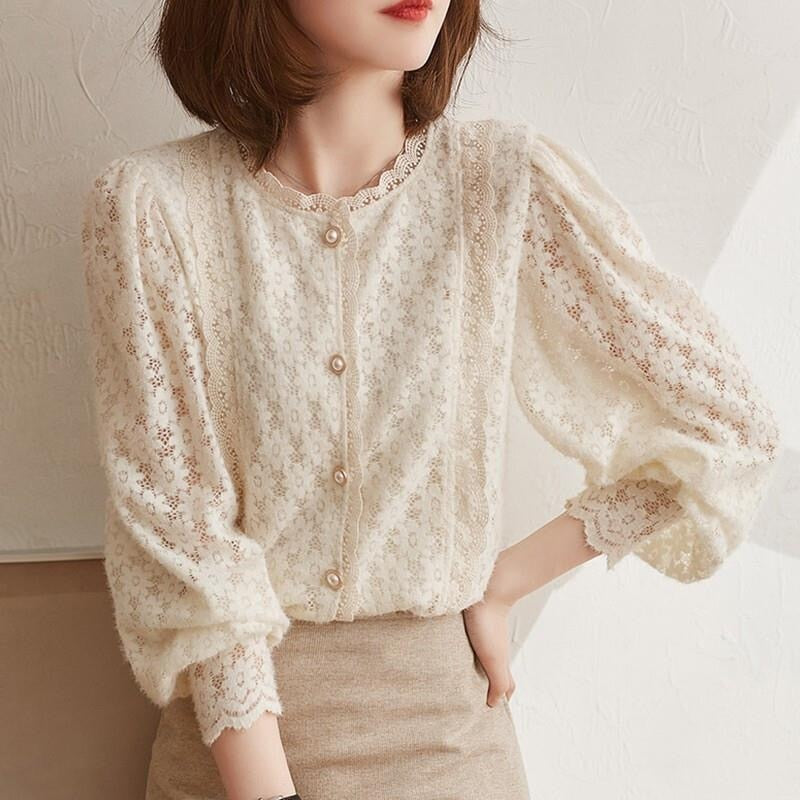 Women Lace Blouses Tops Lady Casual Long Lantern Sleeve Stand Collar Blusas Tops