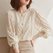 Women Lace Blouses Tops Lady Casual Long Lantern Sleeve Stand Collar Blusas Tops