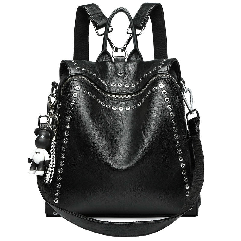 Punk Style Black Fashion Backpack Soft PU Leather Rivet Backpacks Women