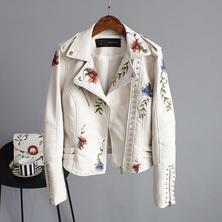 Floral Print Embroidery Faux Soft Leather Jacket Coat  Turn-down Collar Casual Pu Motorcycle Black