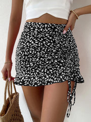 Women Ruffle Summer Mini Skirts Knot Ruched Floral Print