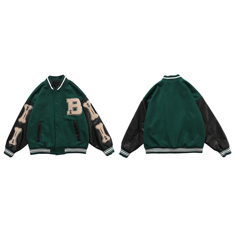 Varsity Baseball Bomber Jacket Women Hip Hop Harajuku Bone Letter Patchwork Leather Jackets Streetwear