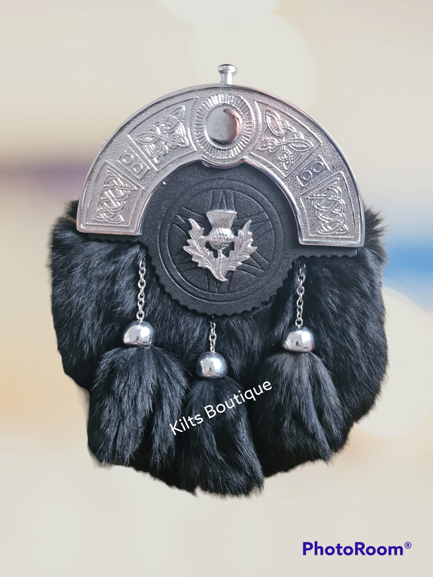 Thistle Badge Chrome Finish Black Scottish Men Full Dress Kilt Sporrans