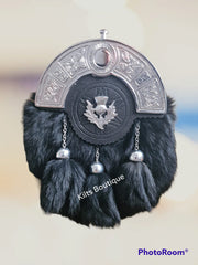 Thistle Badge Chrome Finish Black Scottish Men Full Dress Kilt Sporrans