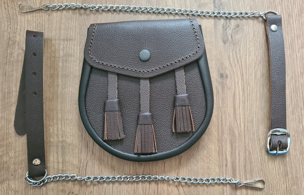 Brown & black scottish men kilt sporran leather with 3 tassels